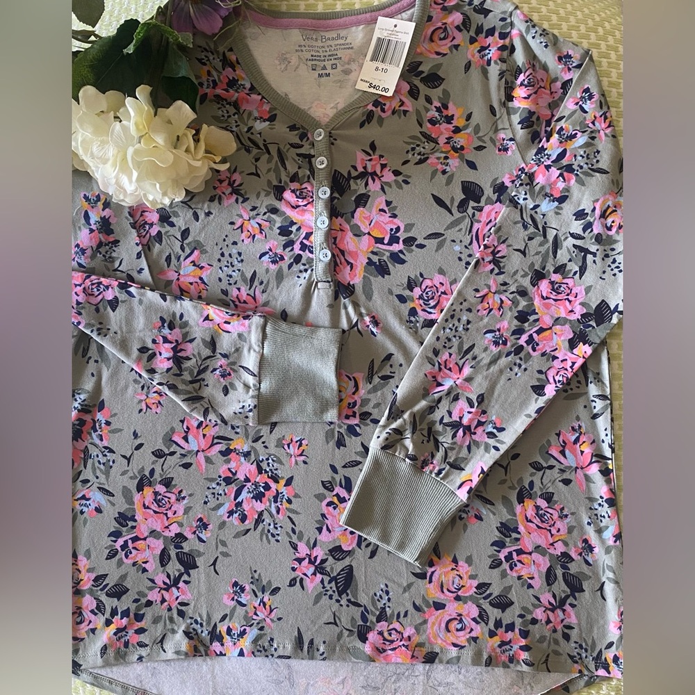 Vera Bradley Floral Henley Top with Pink and Purple Accents
